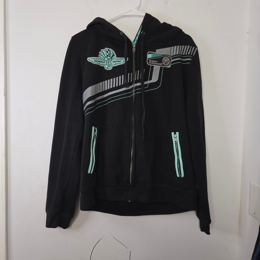 Indianapolis Motor Speedway Racing Hoodie Black Teal Zip Up Mens XL IMS Logo